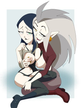 2girls absurdres aqua_eyes asymmetrical_docking big_hair black_dress black_hair black_legwear black_lips blush boots border breast_press breasts breasts_out clothes_lift dental_crown dress dress_lift dyed_hair earrings edalyn_clawthorne facing_viewer fang full_body gold_tooth grey_eyes grey_hair halftone hand_up heterochromia high_heel_boots high_heels highres incest inker_comics jewelry lilith_clawthorne long_hair looking_at_viewer mature_female medium_breasts multiple_girls nail_polish nipples outside_border panties pantyhose parted_bangs pointy_ears red_dress red_footwear red_lips shadow siblings sisters sitting the_owl_house turtleneck turtleneck_dress underwear undressing_another wariza white_border witch_(the_owl_house) yellow_eyes yellow_nails yuri