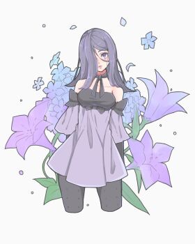 1girl bare_shoulders black_pantyhose blue_flower breasts cropped_legs drag-on_dragoon drag-on_dragoon_3 dress flower forehead_tattoo hair_over_one_eye head_tilt highres leaf long_hair looking_at_viewer medium_breasts number_tattoo pantyhose petals purple_eyes purple_flower purple_hair roman_numeral three-quarter_sleeves tattoo three_(drag-on_dragoon) toufu_(toufu_53) white_background
