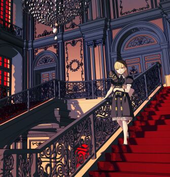 1girl alice_(megami_tensei) banister blonde_hair blue_dress blunt_bangs chandelier child closed_mouth commentary_request demon_(megami_tensei) dress edoya_inuhachi hairband highres indoors lips long_hair looking_at_viewer puffy_sleeves railing ribbon shadow shin_megami_tensei skirt solo stairs stuffed_toy walking
