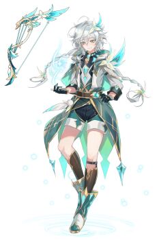 1boy aerokinesis ahoge belt black_gloves black_shorts boots bow_(weapon) braid brown_belt brown_socks capelet cleavage_cutout clothing_cutout coattails colored_eyelashes crystal daybreak_chronicles_(genshin_impact) flower flower_on_shoulder genshin_impact gloves gold_trim green_boots green_capelet green_eyes green_jacket green_shorts hair_flower hair_ornament highres humanization jacket kneehighs legwear_garter long_hair magic male_focus mandarin_collar multicolored_boots multicolored_jacket multicolored_shirt multicolored_shorts open_clothes open_jacket pointy_ears reference_inset shorts simple_background single_legwear_garter smile socks solo standing standing_on_one_leg tailcoat twin_braids two-tone_boots two-tone_capelet two-tone_jacket viviwi weapon white_background white_boots white_capelet white_hair white_jacket white_shorts wind