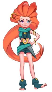 1girl absurdres alternate_color bare_shoulders bracelet flat_chest green_eyes green_shirt green_shorts hair_ornament hand_on_own_hip heterochromia highres jewelry league_of_legends long_hair looking_at_viewer orange_hair purple_eyes rusher08 shirt shorts smile solo toeless_socks very_long_hair zoe_(league_of_legends)