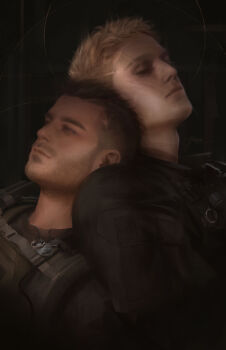 Rule 34 | 2boys, absurdres, adam's apple, belt, black belt, black jacket, blonde hair, blue eyes, brown hair, call of duty, call of duty: modern warfare 2, chest belt, closed eyes, closed mouth, commentary, english commentary, eyelashes, facial hair, ghost (modern warfare 2), head on another's shoulder, head rest, highres, jacket, jeleynai, looking ahead, male focus, mohawk, multiple boys, multiple scars, realistic, scar, scar on face, signature, soap (modern warfare 2), upper body