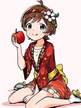 Rule 34 | 1girl, absurdres, ahoge, apple, apple print, arm between legs, blush, bow, breasts, brown hair, closed mouth, dot nose, flower, food, food print, fruit, fruit print, full body, geta, green eyes, hachimaki, hair flower, hair ornament, happi, headband, highres, holding, holding food, holding fruit, idolmaster, idolmaster million live!, idolmaster million live! theater days, japanese clothes, kimono, kimono skirt, kinoshita hinata, long sleeves, looking at viewer, nejiri hachimaki, obi, pink background, pink flower, polka dot, polka dot kimono, print kimono, red kimono, ringomelonpan, sandals, sash, shirt, short hair, simple background, sitting, small breasts, smile, socks, solo, tabi, tongue, tongue out, waist bow, wariza, white shirt, white socks, wide sleeves, yellow sandals, yellow sash