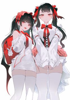 1girl absurdres animal_charm backpack bag black_hair blunt_bangs blush bow bowtie charm_(object) commentary earrings feet_out_of_frame highres jewelry long_sleeves multiple_girls myabit original rabbit_charm randoseru red_bag red_bow red_bowtie red_eyes simple_background thighhighs white_background white_thighhighs