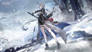 1girl aether_gazer artist_request bird black_boots black_gloves blue_hair boots braid character_request closed_mouth cloud copyright_name gloves grey_hair highres holding holding_sword holding_weapon long_hair multicolored_hair official_art shadow sky snow solo streaked_hair sword tassel thigh_strap tree weapon yellow_eyes