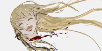 Rule 34 | 1girl, black ribbon, blonde hair, blood, closed eyes, decapitation, eyeshadow, hair ribbon, highres, kiss-shot acerola-orion heart-under-blade, kizumonogatari, laughing, long hair, major injury underreaction, makeup, monogatari (series), open mouth, oshino shinobu, pointy ears, ribbon, simple background, smile, solo, taki (a313131333), vampire, very long hair