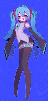 1girl absurdres banananosongen blue_background blue_eyes blue_hair commentary detached_sleeves full_body hair_ornament hatsune_miku highres long_hair long_sleeves looking_at_viewer miniskirt necktie open_mouth pleated_skirt shirt short_necktie skirt sleeveless sleeveless_shirt sleeves_past_fingers sleeves_past_wrists smile solo standing thighhighs twintails vocaloid zettai_ryouiki