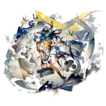 1girl arknights astesia_(arknights) astesia_(fantastic_crafts)_(arknights) bird black_gloves black_socks blue_eyes blue_hair bright_pupils diamond_(shape) dress fingerless_gloves floating_hair full_body gloves hat highres holding holding_sword holding_weapon jacket kneehighs long_hair looking_at_viewer microphone official_alternate_costume official_art open_clothes open_jacket open_mouth road_sign shoes short_sleeves sign smile socks solo standing standing_on_one_leg star_(symbol) suitcase sword tail thigh_strap traffic_cone transparent_background visor_cap weapon white_dress white_hat white_shoes yellow_jacket yuji_(fantasia)