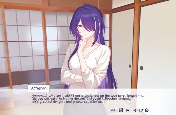 1girl acheron_(honkai:_star_rail) alternate_costume architecture breasts closed_mouth collarbone commentary east_asian_architecture english_commentary english_text highres honkai:_star_rail honkai_(series) long_hair looking_at_viewer medium_breasts multicolored_hair purple_eyes purple_hair samlatte shirt signature solo streaked_hair very_long_hair visual_novel white_shirt