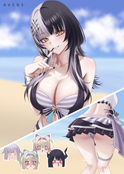 1girl ass avene_chan beach bikini bikini_skirt black_hair black_nails blood blue_sky blunt_bangs blurry blurry_background bracelet breasts chibi chibi_inset cleavage cloud commentary day english_commentary front-tie_bikini_top front-tie_top fuwawa_abyssgard grey_hair grin hair_ornament hand_up highleg highleg_bikini highres holoadvent hololive hololive_english hololive_summer_2023_swimsuit jewelry koseki_bijou large_breasts layered_bikini long_hair looking_at_viewer median_furrow mococo_abyssgard multicolored_hair multiple_views nail_polish navel nerissa_ravencroft nosebleed official_alternate_costume outdoors shiori_novella sky smile split-color_hair stomach striped_bikini striped_clothes swimsuit virtual_youtuber yellow_eyes