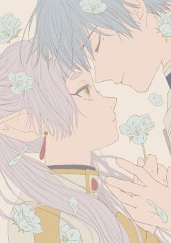 Rule 34 | 1boy, 1girl, 39ra405, blue flower, blue hair, blue jacket, blue petals, capelet, cloak, closed eyes, closed mouth, commentary request, couple, earrings, elf, falling petals, flower, forehead-to-forehead, forget-me-not (flower), frieren, gold trim, green eyes, grey hair, hair between eyes, heads together, hetero, highres, himmel (sousou no frieren), holding, holding flower, holding hands, jacket, jewelry, long hair, looking at another, mole, mole under eye, parted bangs, parted lips, petals, pointy ears, short hair, smile, sousou no frieren, thick eyebrows, twintails, upper body, white capelet, white cloak