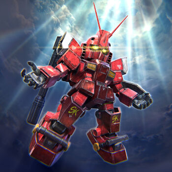 3d chibi floating glowing glowing_eyes gundam gundam_amazing_red_warrior gundam_build_fighters gundam_build_fighters_try highres kimkim mecha mobile_suit no_humans open_hands robot sky sunlight v-fin yellow_eyes