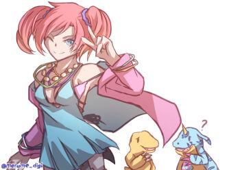 Rule 34 | 1girl, ?, agumon, bare shoulders, blue camisole, blue eyes, bra, breasts, camisole, cleavage, closed mouth, cowboy shot, digimon, digimon (creature), digimon story: cyber sleuth, gabumon, jacket, long hair, merume digi, off shoulder, one eye closed, pink bra, pink jacket, red hair, shiramine nokia, simple background, smile, solo focus, twintails, twitter username, underwear, v