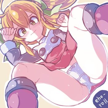 1girl blonde_hair blush boots breasts closed_mouth commentary_request dress dutch_angle feet_out_of_frame green_eyes green_ribbon hair_between_eyes hair_ribbon hands_up loli long_hair long_sleeves looking_at_viewer lying mega_man_(classic) mega_man_(series) on_back panties ponytail red_boots red_dress ribbon roll_(mega_man) sidelocks simple_background small_breasts solo spread_legs sweatdrop torotei underwear variant_set white_panties yellow_background