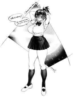 1girl ? absurdres armband black_hair bow bowtie breasts button_gap commentary_request english_text expressionless glasses highres impregnation kazama_ritsuko large_breasts looking_at_viewer monochrome original ponytail school_uniform shen_shipi_(agil548g6h6) shoes signature simple_background skirt socks solo solo_focus speech_bubble sperm_cell thighs uwabaki watermark