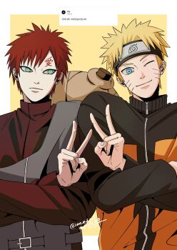 Rule 34 | 2boys, blonde hair, blue eyes, closed mouth, commentary request, crossed arms, facial mark, forehead protector, forehead tattoo, full-length zipper, gaara (naruto), gourd, highres, jacket, kanji tattoo, konohagakure symbol, korean commentary, korean text, looking at another, looking at viewer, male focus, metalofyang, multiple boys, naruto (series), no eyebrows, orange jacket, red hair, short hair, tattoo, translation request, twitter username, upper body, uzumaki naruto, v, whisker markings, zipper, zipper pull tab