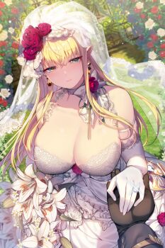 1boy 1girl arch bare_shoulders black_gloves blonde_hair blush breasts choker cleavage closed_mouth collarbone dress elbow_gloves elf floral_arch flower flower_on_head gloves green_eyes highres holding_hands jewelry large_breasts lily_(flower) long_hair looking_at_viewer mendou_kusai original ornate_ring outdoors pointy_ears pov pov_hands ring rose see-through_clothes sleeveless smile solo_focus tearing_up veil wedding_dress wedding_ring white_choker white_dress white_gloves