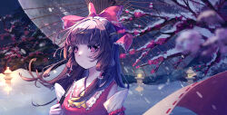 Rule 34 | 1girl, absurdres, arua, ascot, bow, brown hair, commentary request, detached sleeves, frilled bow, frilled hair tubes, frills, hair bow, hair tubes, hakurei reimu, highres, holding, holding umbrella, long hair, oil-paper umbrella, red bow, red eyes, snow, snowing, solo, touhou, tree, umbrella, winter, yellow ascot