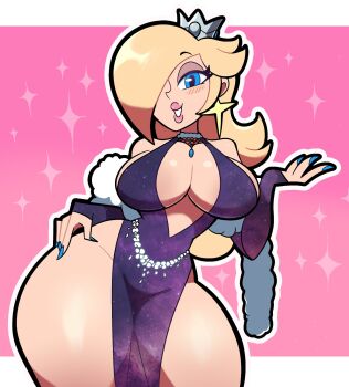 1girl blonde_hair blue_eyes blush breasts cleavage crown curvy dress earrings female_focus hair_over_one_eye highres jewelry large_breasts lips long_hair looking_at_viewer mario_(series) nail_polish nintendo rosalina scott_falco simple_background solo star_(symbol) super_mario_galaxy thick_thighs thighs wide_hips