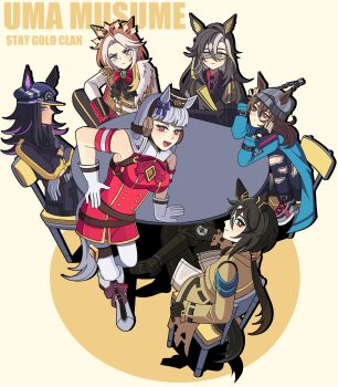 6+girls absurdres ahoge animal_ears armband ascot beanie black_ascot black_boots black_coat black_gloves black_hair blue_coat blue_eyes blunt_bangs blush bobamiruku boots bow bowtie breasts brown_eyes brown_hair brown_hat chair closed_mouth coat compass dice dice_necklace dice_pendant dream_journey_(reminder_of_dreamland)_(umamusume) dream_journey_(umamusume) dress ear_bow ear_covers ears_through_headwear epaulettes eyewear_strap fenomeno_(black_flames_of_the_righteous_spirit)_(umamusume) fenomeno_(umamusume) fingerless_gloves flipped_hair gem glasses gloves gold_ship_(red_strife)_(umamusume) gold_ship_(umamusume) green_gem grey_hair grey_hat hair_between_eyes hat highres holding_compass horse_ears horse_girl horse_tail horseshoe_hat_ornament horseshoe_ornament horseshoe_print jacket jewelry large_breasts long_hair long_sleeves looking_at_viewer multicolored_hair multiple_girls nakayama_festa_(shichuukyuukatsu)_(umamusume) nakayama_festa_(umamusume) necklace open_mouth orange_hair orfevre_(control)_(umamusume) orfevre_(umamusume) pants pantyhose peaked_cap pillbox_hat puffy_sleeves purple_bow purple_eyes purple_hair red_bow red_bowtie red_dress red_shirt shirt shoes single_ear_cover sitting sleeveless sleeveless_dress smile stay_gold_(sunlit_outsider)_(umamusume) stay_gold_(umamusume) stay_gold_clan_(umamusume) striped_armband striped_clothes table tail thigh_strap torn_clothes torn_pants two-tone_hair umamusume white_boots white_coat white_gloves white_hair white_pantyhose yellow_coat