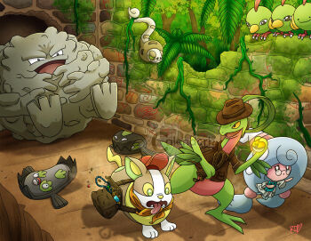 :o artist_name baseball_cap bespectacled book brick_wall brown_bag brown_hat brown_shirt closed_mouth clothed_pokemon collared_shirt commentary cosplay ditto english_commentary fangs fleeing galarian_form galarian_stunfisk gem gen_1_pokemon gen_2_pokemon gen_3_pokemon gen_8_pokemon glasses glod graveler grovyle gs_ball hat hattrem holding holding_book holding_poke_ball holding_whip indiana_jones indiana_jones_(cosplay) indiana_jones_(series) jacket lab_coat leaf moss natu neckerchief nintendo nostrils open_clothes open_jacket open_mouth orange_neckerchief parody plant poke_ball pokemon red_hat rolling round_eyewear ruins runerigus running shadow sharp_teeth shirt signature silicobra smile sparkle teeth thecalendork tongue tongue_out transformed_ditto treasure tree vines watermark whip white_jacket yamper