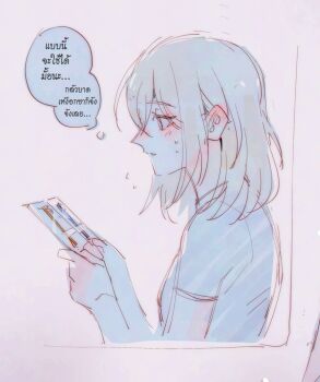 Rule 34 | 1girl, bang dream!, bang dream! it's mygo!!!!!, blonde hair, blush, commentary, ear blush, hair between eyes, maybecrosswise, medium hair, misumi uika, open mouth, purple eyes, shirt, sidelocks, solo, sweatdrop, symbol-only commentary, thai text, toothbrush, translation request, upper body, white shirt