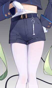 1girl belt black_belt black_shorts black_tail blue_archive blue_jacket blue_shorts chinese_commentary commentary_request cropped_jacket gloves gradient_background grey_background highres jacket long_hair long_sleeves lower_body nozomi_(blue_archive) painterliuhao pantyhose pantyhose_under_shorts short_shorts shorts solo tail twintails very_long_hair white_gloves white_pantyhose