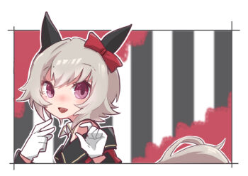 1girl :d animal_ears beer_hsk black_jacket bow curren_chan_(fille_eclair)_(umamusume) curren_chan_(umamusume) ear_bow from_side gloves grey_hair hands_up horse_ears horse_girl horse_tail jacket long_sleeves looking_at_viewer off-shoulder_jacket off_shoulder open_mouth purple_eyes red_bow smile solo striped_background tail umamusume upper_body vertical-striped_background white_gloves