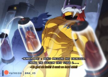 3boys animated animated_gif arms_behind_back breathing colored_skin cum_milking digimon digimon_(creature) english_text girthy_penis large_penis multiple_boys muscular muscular_male penis penis_pump pubic_hair source_request test_subject test_tube wargreymon weregarurumon yellow_skin