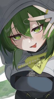 1girl absurdres arknights arknights:_endfield bodysuit breasts commentary covered_navel dot_nose endfield_industries_logo fingerless_gloves fluorite_(arknights) gloves green_eyes green_hair grey_bodysuit grey_gloves grey_hoodie grey_jacket hair_between_eyes highres hood hooded_shrug hoodie impossible_bodysuit impossible_clothes jacket light_blush long_hair looking_at_viewer medium_breasts shrug_(clothing) simple_background solo tongue tongue_out tumugi_sunohara upper_body white_background