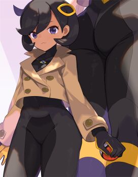 1girl :3 ass black_bodysuit black_gloves black_hair bodysuit bodysuit_under_clothes breasts brown_jacket closed_mouth dark-skinned_female dark_skin emma_(pokemon) gloves hair_ornament holding holding_poke_ball jacket looking_at_viewer nintendo poke_ball poke_ball_(basic) pokemon pokemon_legends:_z-a purple_eyes short_hair smile spring2013