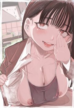 1girl between_breasts black_hair black_jacket blunt_bangs blush breast_rest breasts chichi8181 cleavage hand_to_own_mouth jacket large_breasts leaning_forward lips long_hair nipple_slip nipples office_lady one-piece_swimsuit open_clothes open_jacket open_mouth open_shirt original red_eyes shirt sitting smile solo swimsuit swimsuit_under_clothes table white_shirt