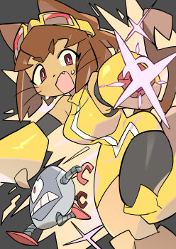 1boy 1girl absurdres animal_ears arm_cannon black_background brown_hair cat_ears cat_girl cat_tail commentary dress fang furry furry_female gameoverse goggles goggles_on_head highres kaboodle_(gameoverse) kit_bodega open_mouth red_eyes robot tail weapon yellow_dress yuateheng