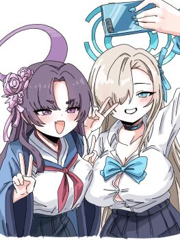2girls asuna_(blue_archive) asuna_(school_uniform)_(blue_archive) blonde_hair blue_archive blue_bow blue_bowtie blue_eyes blue_halo blue_haori blue_skirt blush bow bowtie breasts choker cleavage collarbone double_v fang flower grin hair_flower hair_ornament hair_over_one_eye halo haori highres holding holding_phone japanese_clothes large_breasts long_hair multiple_girls neckerchief open_mouth parted_bangs phone purple_eyes purple_hair purple_halo red_neckerchief selfie shirt skin_fang skirt sleeves_rolled_up smile tachikaze_miyako thick_eyebrows v very_long_hair white_shirt yukari_(blue_archive)