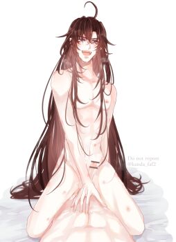 Rule 34 | 2boys, :d, abs, ahoge, alternate hairstyle, anal, bar censor, bed sheet, bite mark, black hair, blush, breath, brown hair, censored, commentary request, completely nude, cowgirl position, cum, cum on body, cum on male, cum on stomach, ejaculating while penetrated, ejaculation, hair between eyes, hair down, hand on another's stomach, hickey, highres, kanda faf2, lan wangji, long hair, looking at viewer, male focus, male penetrated, modao zushi, multiple boys, navel, nipples, nude, on bed, open mouth, out of frame, pectorals, penis, pov, purple eyes, saliva, sex, sidelocks, simple background, sitting, sitting on person, smile, solo focus, straddling, sweat, twitter username, very long hair, wei wuxian, white background, yaoi