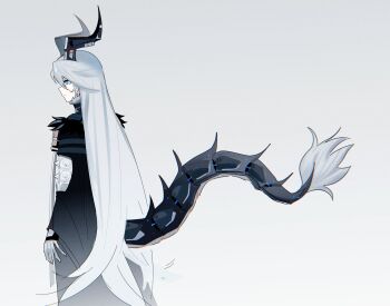 Rule 34 | 1girl, absurdres, black coat, black fur, black horns, blue eyes, blurry, chinese commentary, closed mouth, coat, commentary request, depth of field, dragon horns, dragon tail, expressionless, from side, fur-trimmed coat, fur trim, gradient background, grey background, grey hair, hair between eyes, hendiurendelaodong, highres, horns, long hair, long horns, looking to the side, solo, standing, sunbringer (zenless zone zero), tail, upper body, zenless zone zero