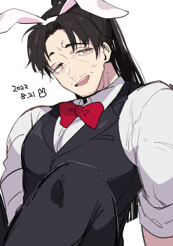 absurdres animal_ear_hairband animal_ears arm_support black_pants black_vest bow bowtie brown_eyes collared_shirt commentary_request dated facial_hair fake_animal_ears goatee_stubble hairband hatsumi_sen highres kengan_(series) kengan_ashura looking_at_viewer male_focus mature_male mustache_stubble nekoma_hikaru open_mouth pants ponytail rabbit_ear_hairband rabbit_ears red_bow red_bowtie shirt sitting sparse_stubble stubble vest white_background white_shirt