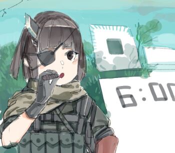 Rule 34 | 1girl, :o, black eyes, black gloves, black shirt, brown hair, bulletproof vest, cigar, commentary request, cosplay, gloves, grass, holding, holding cigar, jaggy lines, kaerudouhu, looking at viewer, metal gear (series), metal gear solid v: the phantom pain, open mouth, shirt, short hair, solo, touhoku kiritan, upper body, venom snake, venom snake (cosplay), voiceroid