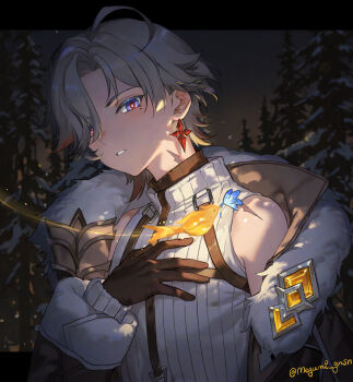 arm_up bare_shoulders black_gloves black_jacket black_shirt blue_eyes commentary diamond-shaped_pupils diamond_(shape) english_commentary fur-trimmed_jacket fur_trim genshin_impact gloves hair_over_one_eye highres hizuki24 illuga_(genshin_impact) jacket layered_sleeves letterboxed long_sleeves looking_at_viewer night one_eye_covered outdoors parted_hair parted_lips pine_tree shirt snow symbol-shaped_pupils tree twitter_username upper_body white_shirt