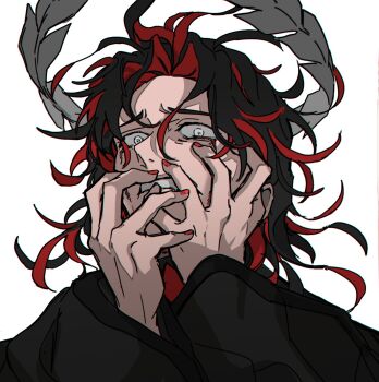 1boy black_hair blood bloody_tears crown crying curly_hair dante_alighieri_(fate) dante_alighieri_(third_ascension)_(fate) distress fate/grand_order fate_(series) floating_crown fog_fgo grey_eyes hands_on_own_face highres laurel_crown male_focus medium_hair multicolored_hair open_mouth portrait red_hair red_nails simple_background solo two-tone_hair white_background wide-eyed