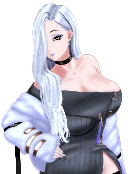 1girl bare_shoulders black_thighhighs blue_lips breasts choker cleavage collarbone commentary_request dress earrings eyeliner fate/grand_order fate_(series) grey_dress hair_over_one_eye highres hoop_earrings jacket jewelry large_breasts long_hair long_sleeves looking_at_viewer makeup mrs._snake_(fate) off_shoulder parted_lips revision side_slit solo sweater sweater_dress tassel thighhighs waynewu116 white_hair white_jacket yellow_eyes