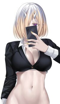 1girl absurdres blonde_hair breasts breasts_day cellphone cleavage earrings eyebrows_hidden_by_hair food formal_clothes good_breasts_day grey_hair hair_over_one_eye highres holding holding_phone horns jewelry kizakura_art large_breasts nail_polish necktie oni oni_horns original phone pointy_ears purple_eyes selfie shirt simple_background smartphone stomach suit white_background white_shirt