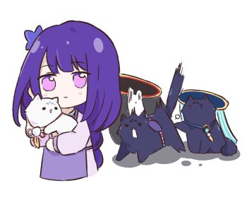 1girl alternate_costume anemo_symbol_(genshin_impact) animal animalization apron aqua_gem black_cat black_hat black_veil blue_hat blunt_bangs blush braid casual cat closed_mouth contemporary dress feathers flower gem genshin_impact gold_trim hair_flower hair_ornament hat holding holding_animal holding_cat jingasa long_hair long_sleeves low-braided_long_hair low-tied_long_hair pink_eyes pom_pom_(clothes) purple_apron purple_bag purple_dress purple_flower purple_sleeves raiden_shogun red_trim scaramouche_(cat)_(genshin_impact) scaramouche_(genshin_impact) scaramouche_(kabukimono)_(genshin_impact) smile string swept_bangs veil vision_(genshin_impact) wanderer_(genshin_impact) white_background white_cat yellow_feathers youtho