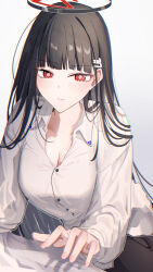 Rule 34 | 1girl, absurdres, black hair, black pantyhose, blue archive, blunt bangs, blush, breasts, cleavage, closed mouth, hair behind ear, hair ornament, hairclip, highres, large breasts, leonardo 566, long hair, looking at viewer, no pants, pantyhose, red eyes, rio (blue archive), shirt, solo, white shirt