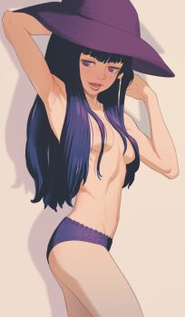 1girl absurdres armpits arms_up ass berserk breasts butterchalk female_focus hat highres light_blush lipstick long_hair makeup matching_hair/eyes morda no_bra open_mouth panties purple_eyes purple_hair purple_panties shadow small_breasts smile teeth thighs underwear underwear_only witch
