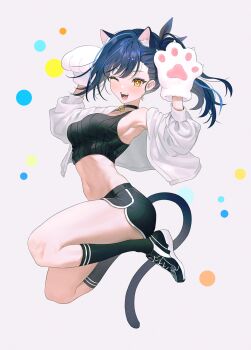 1girl ;d animal_ears animal_hands armpits asymmetrical_bangs bell black_choker black_shoes black_shorts black_socks black_tank_top blue_hair cat_ears cat_girl cat_tail choker crop_top cropped_jacket dark_blue_hair dolphin_shorts full_body fymrie hair_ribbon highres jacket jingle_bell jumping kneehighs lilpa looking_at_viewer multicolored_hair navel neck_bell off_shoulder one_eye_closed open_clothes open_jacket open_mouth ribbed_tank_top ribbon shoes short_shorts shorts side_ponytail smile sneakers socks solo sparkling_eyes stomach streaked_hair swept_bangs tail tank_top thighhighs thighs virtual_youtuber waktaverse white_jacket yellow_eyes