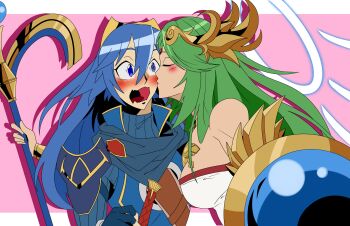 Rule 34 | 2girls, armor, bare shoulders, blue dress, blue eyes, blue hair, blush, breasts, closed eyes, crosier, crossover, dress, female focus, fire emblem, fire emblem awakening, green hair, halo, highres, jewelry, kid icarus, kid icarus uprising, kiss, kissing cheek, large breasts, laurel crown, long hair, lucina (fire emblem), multiple girls, nintendo, open mouth, palutena, shield, simple background, surprised
