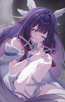 1girl arm_ribbon bare_shoulders black_hair columbina_(genshin_impact) detached_sleeves dress feathered_wings genshin_impact geumxxi hair_ornament hair_ribbon highres knee_up leg_ribbon looking_at_another multicolored_hair one_eye_closed pink_hair purple_eyes ribbon solo two-tone_hair white_dress white_ribbon wing_hair_ornament wings