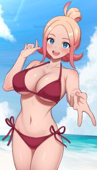 1girl :d beach bikini blonde_hair blue_eyes blue_sky blush breasts cleavage cloud cowboy_shot day hand_up highres large_breasts looking_at_viewer navel nintendo open_mouth outdoors pokemon pokemon_legends:_z-a red_bikini short_hair sky smile solo stomach surippa1010 swimsuit taunie_(pokemon) v