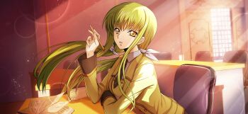 1girl artist_request belt black_necktie blurry bokeh book breasts buttons c.c. chair code_geass code_geass:_lost_stories collared_shirt depth_of_field double-breasted female_focus floating_hair game_cg green_hair hair_ribbon hand_up highres holding holding_pencil indoors jacket leaning_forward light_particles light_rays long_hair long_sleeves looking_at_viewer medium_breasts necktie non-web_source official_art on_chair open_book parted_lips pencil pencil_case ribbon school_uniform shirt sidelocks sitting solo table teeth twintails white_ribbon white_shirt window yellow_eyes yellow_jacket